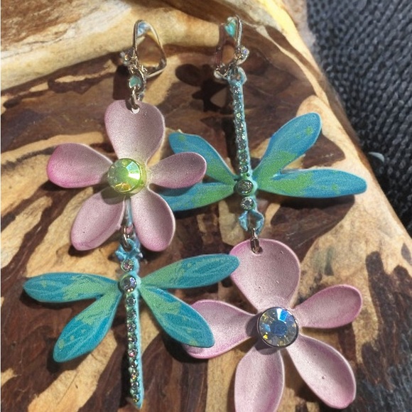 Betsey Johnson Jewelry - Betsey Johnson Pink Floral and Blue Dragonfly Earrings